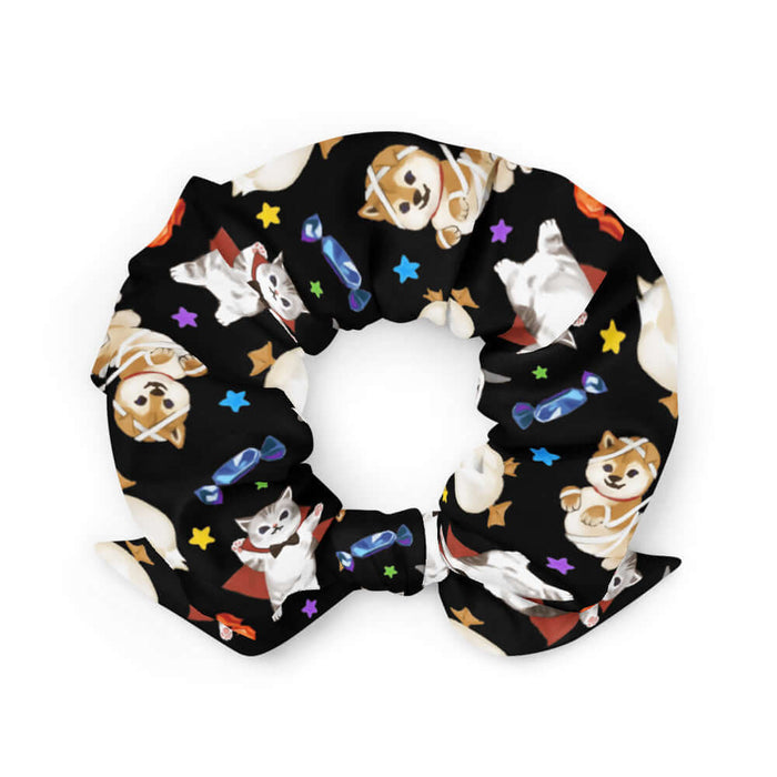 Trick or Treaters alternative scrunchie with ghost-sheet bunnies and wrapped candy