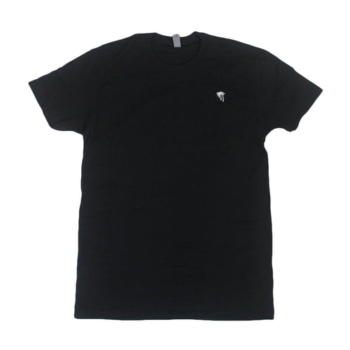 A Trophy Eyes plain black short-sleeve t-shirt with a small white embroidered palm tree logo on the left chest, shown flat on a white background.