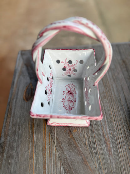 Vintage Hand-Painted Pink Ceramic Basket