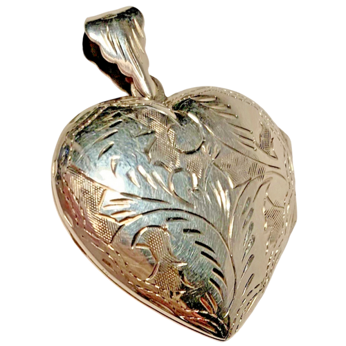 Vintage Sterling Silver Engraved Puffy Heart Locket Pendant