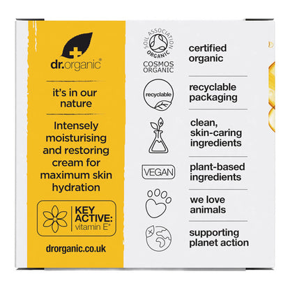 Back of 50ml box Dr. Organic Vitamin E Cream, intensive moisturising and restoring cream.