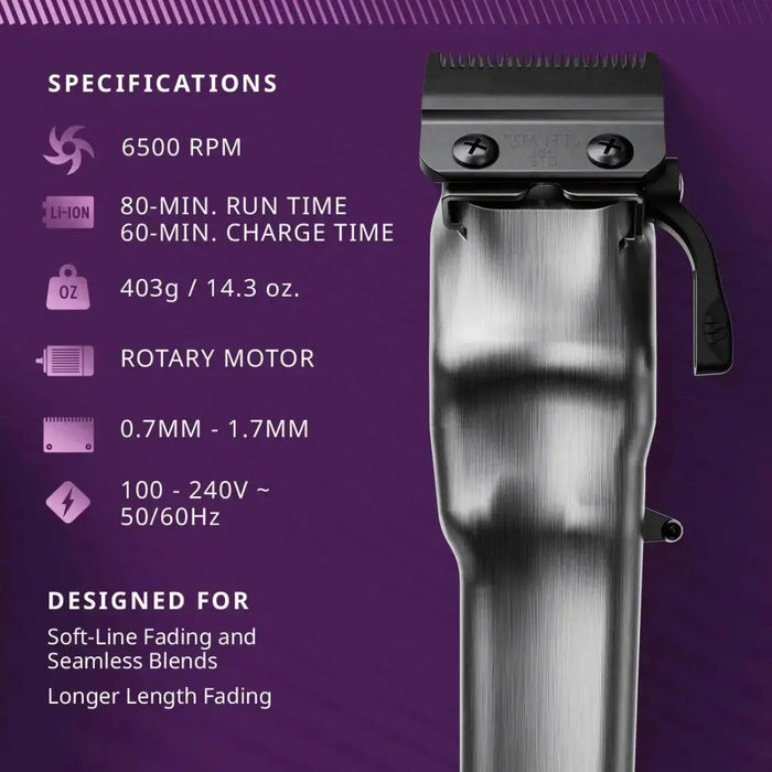 Hair trimmer with specifications on a purple background